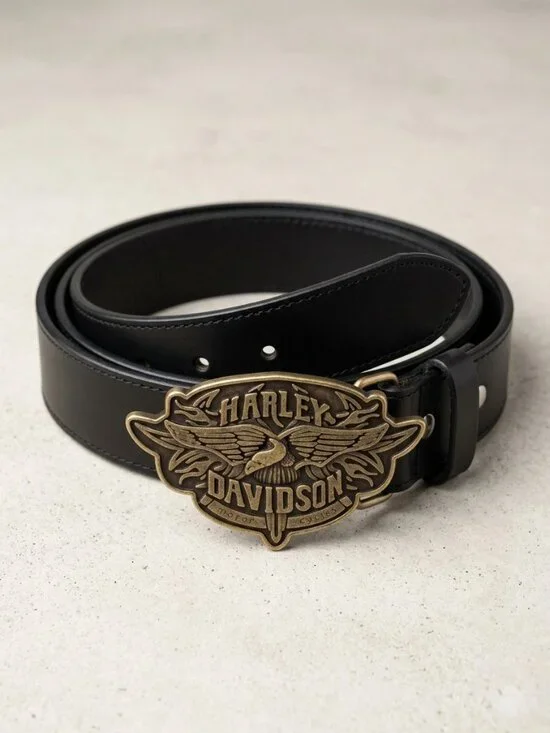 Harley-Davidson Genuine Leather Biker Belt Antique Gold Eagle Logo Buckle" - Picture 2 of 4